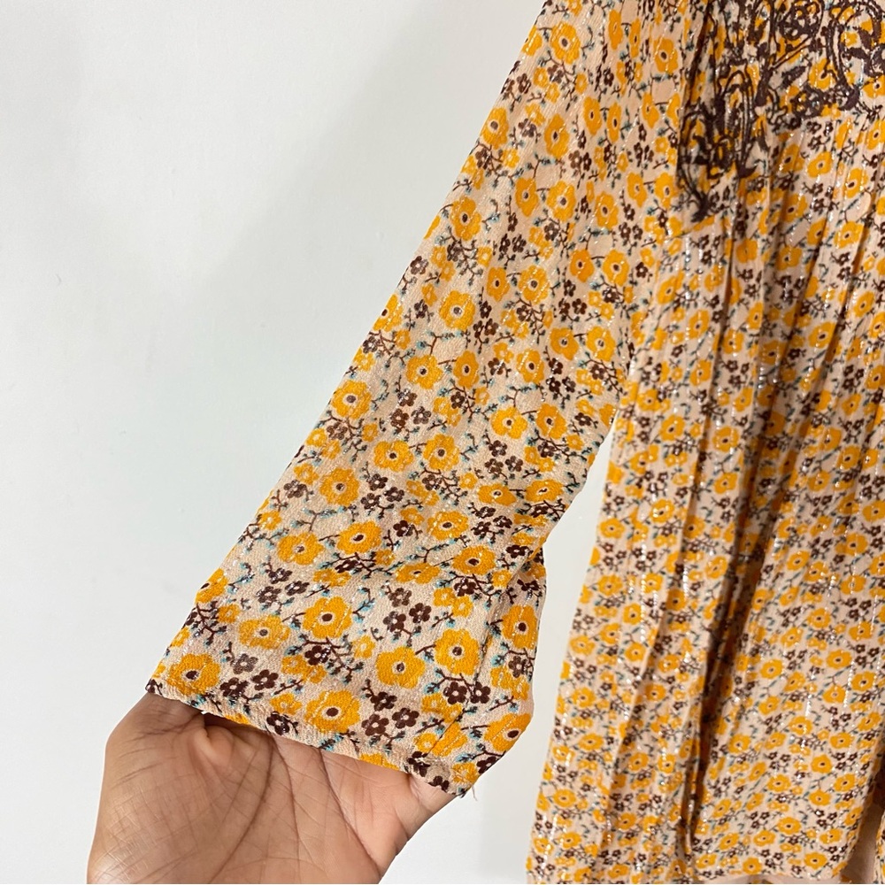 ZARA Floral Embroidered Long Sleeve Mini Dress Mustard Yellow - XS - Picture 10 of 16